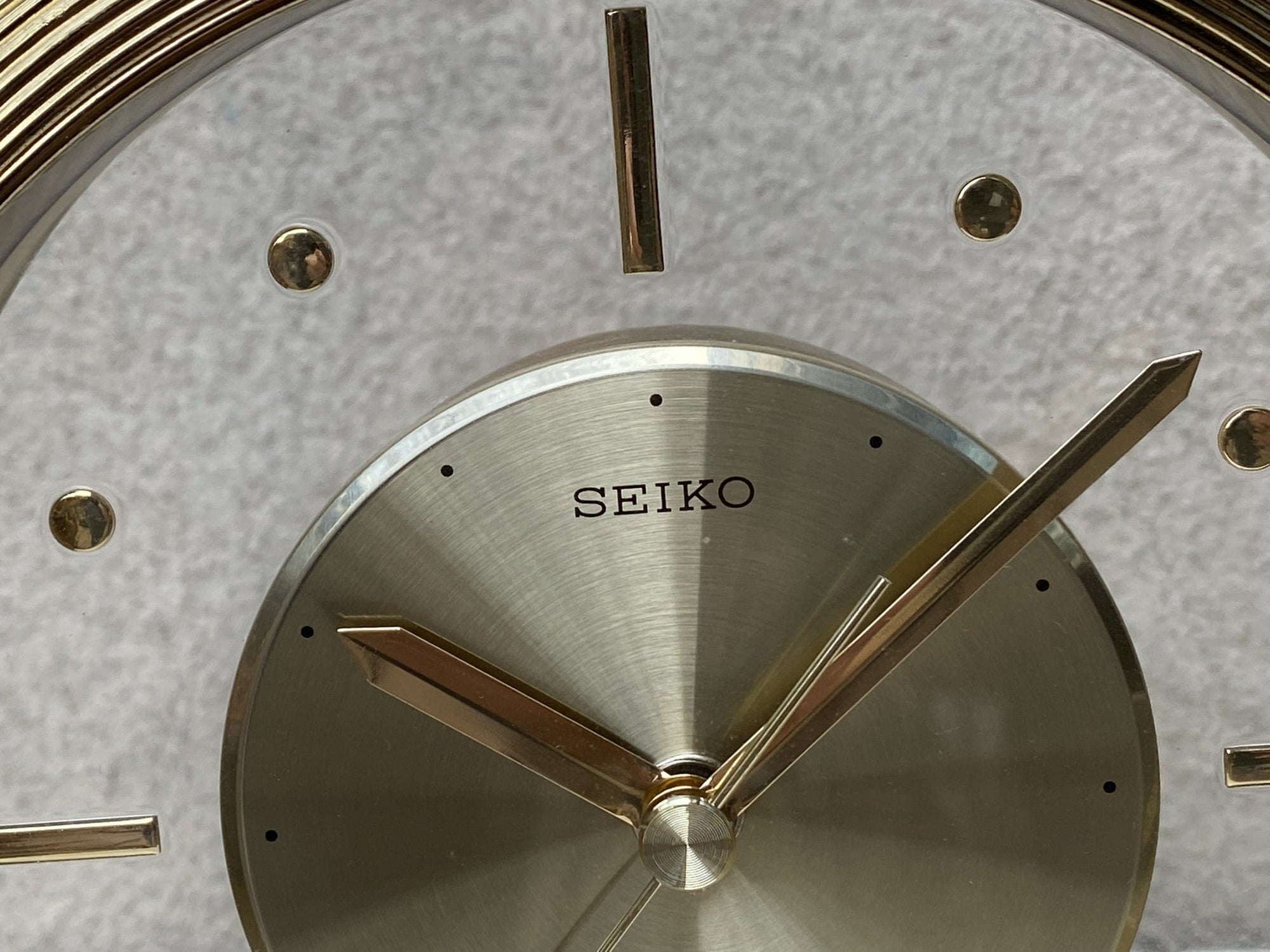 I Like Mike's Mid Century Modern Desk & Shelf Clocks Seiko Round Brass Floating Desk or Mantle Clock