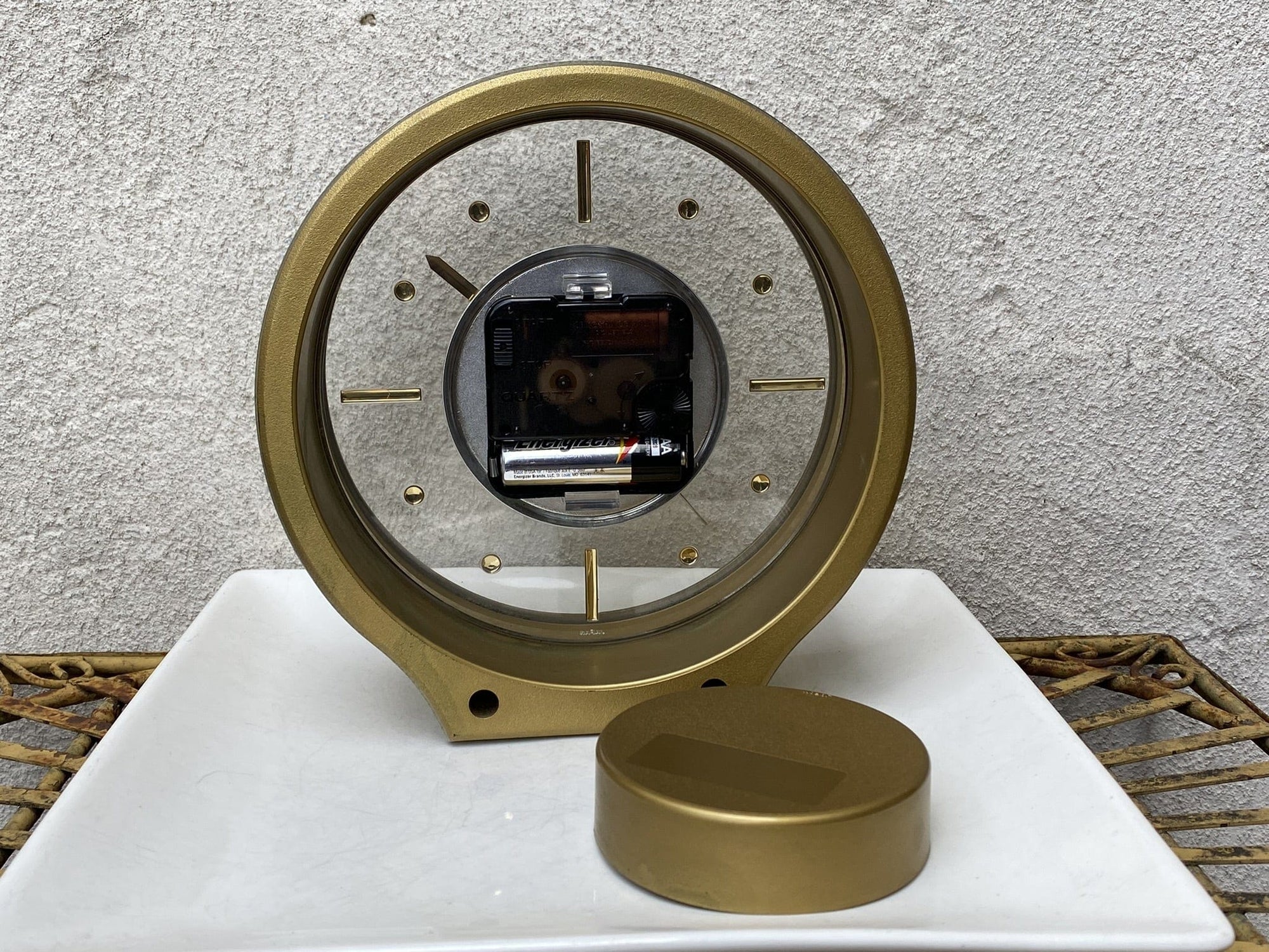 I Like Mike's Mid Century Modern Desk & Shelf Clocks Seiko Round Brass Floating Desk or Mantle Clock