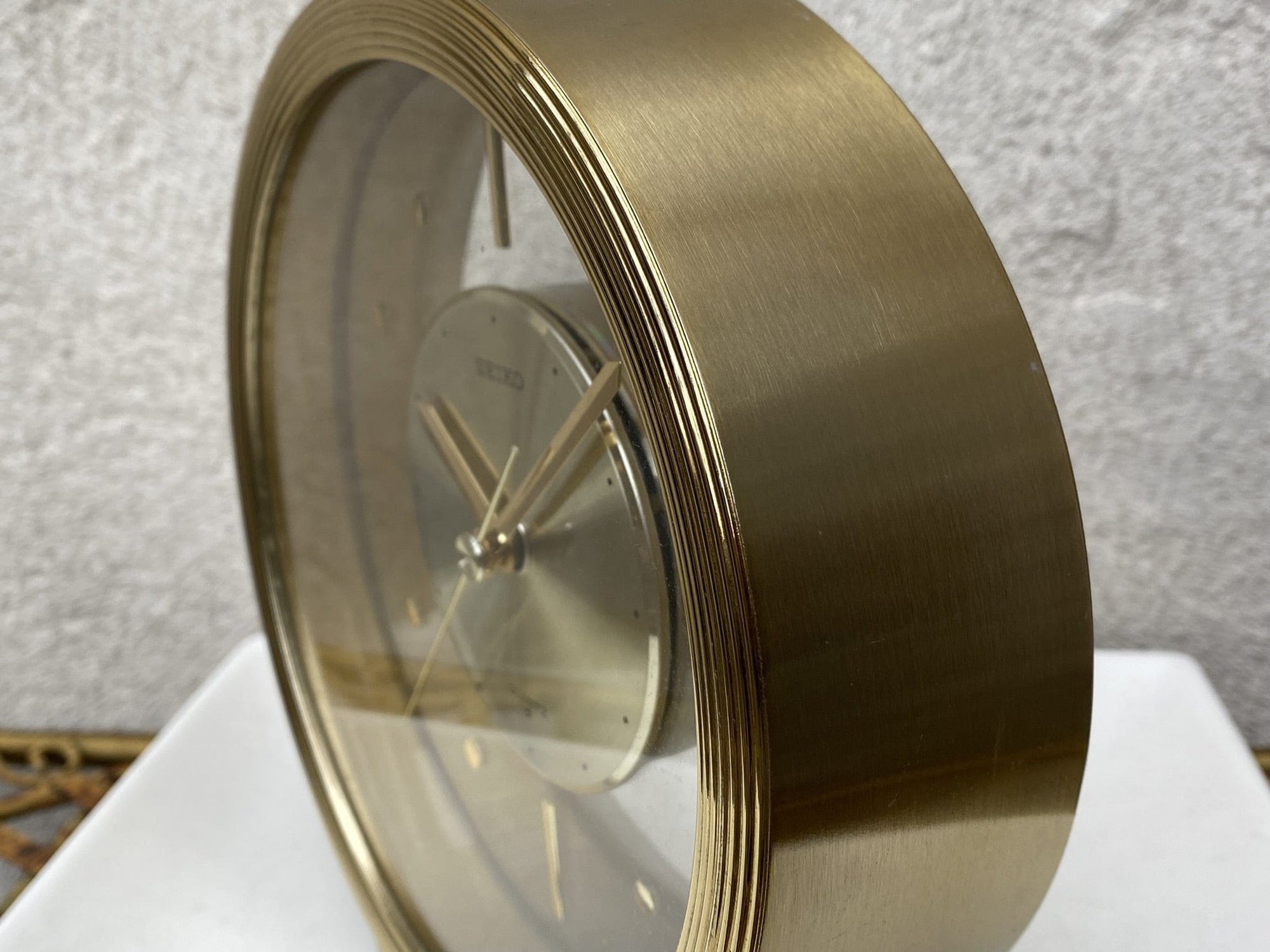 I Like Mike's Mid Century Modern Desk & Shelf Clocks Seiko Round Brass Floating Desk or Mantle Clock