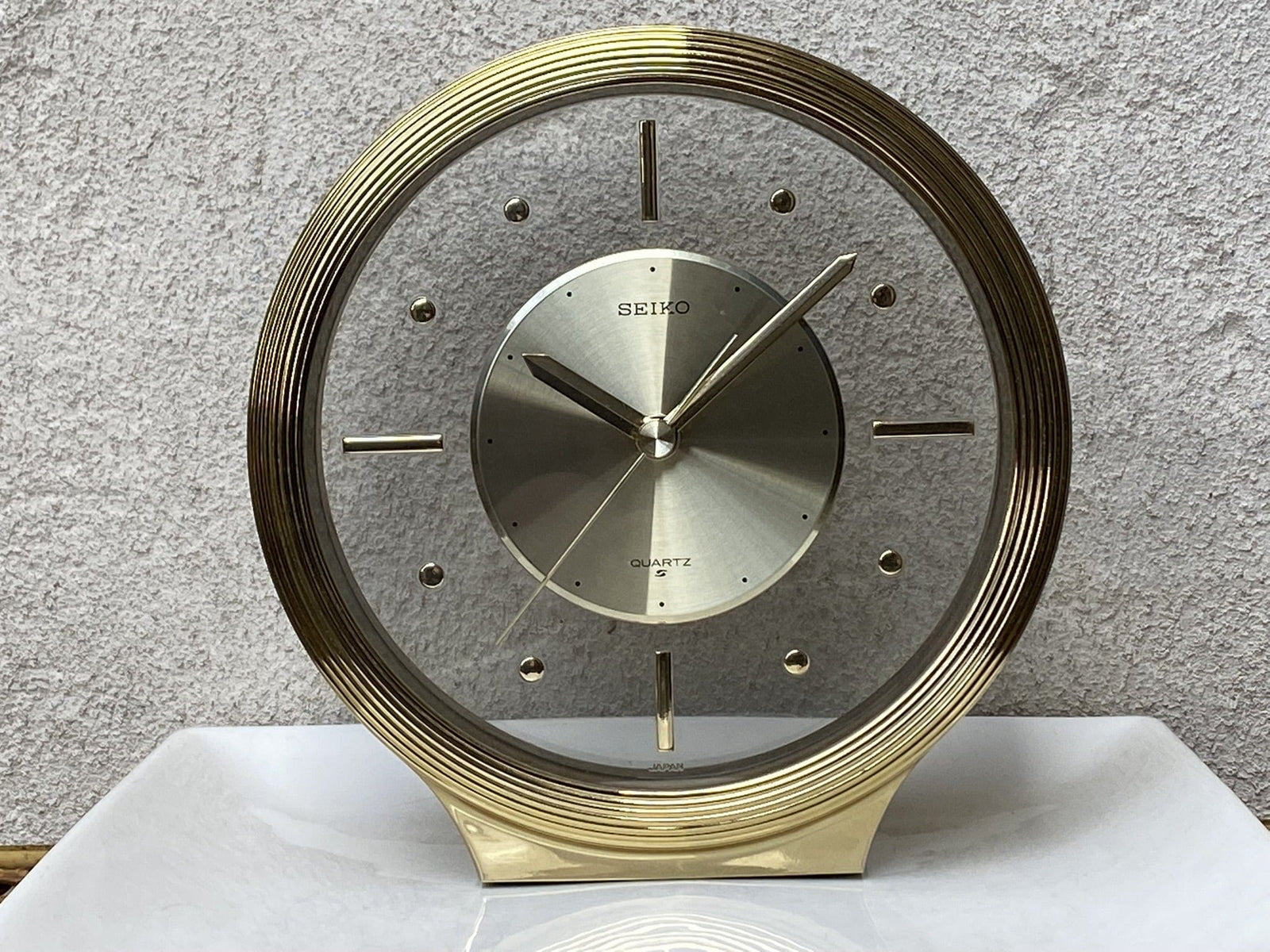 I Like Mike's Mid Century Modern Desk & Shelf Clocks Seiko Round Brass Floating Desk or Mantle Clock