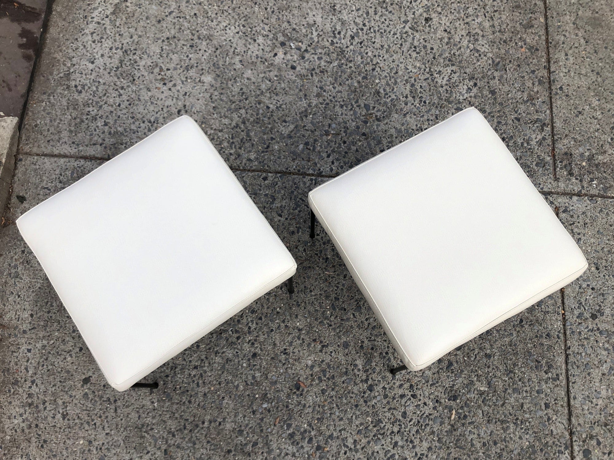 I Like Mike's Mid Century Modern Foot Stools Pair Vintage Mid Century Paul McCobb Iron Stools in White leather