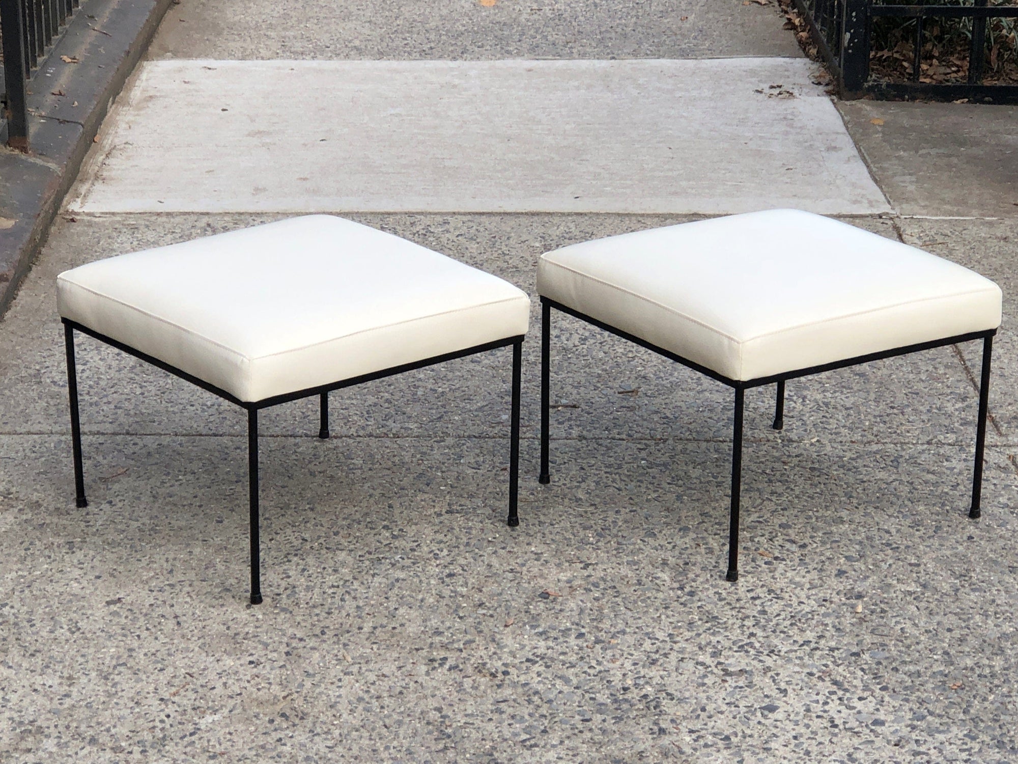 I Like Mike's Mid Century Modern Foot Stools Pair Vintage Mid Century Paul McCobb Iron Stools in White leather