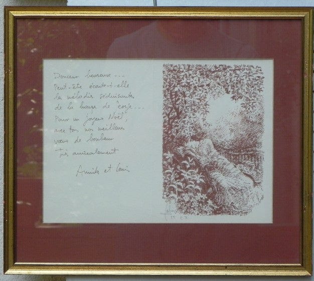 I Like Mike's Mid Century Modern Framed Christmas Note with Drawing Louis Fabien 1985, Deep Red and Gold
