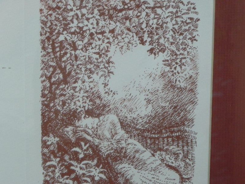 I Like Mike's Mid Century Modern Framed Christmas Note with Drawing Louis Fabien 1985, Deep Red and Gold