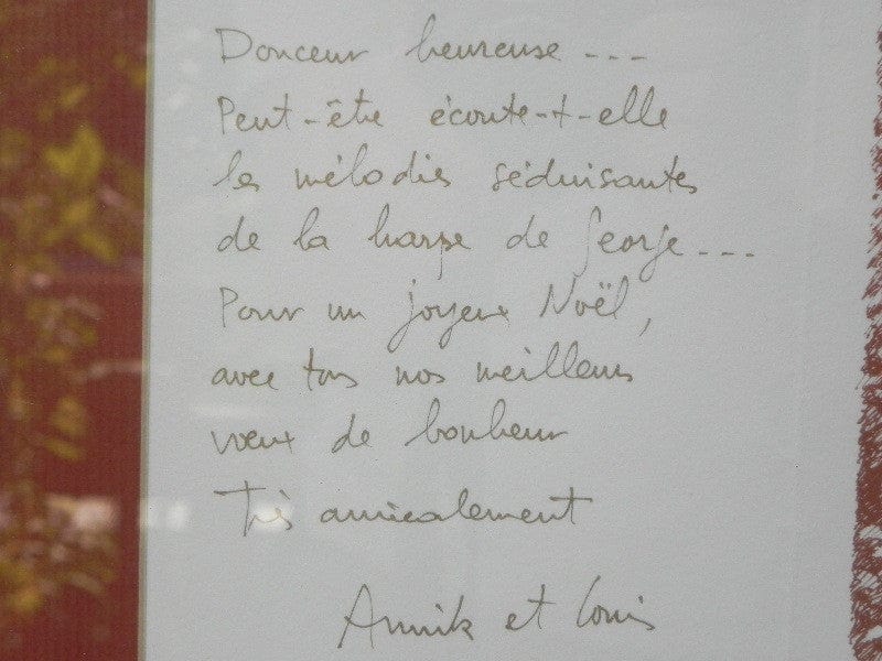 I Like Mike's Mid Century Modern Framed Christmas Note with Drawing Louis Fabien 1985, Deep Red and Gold