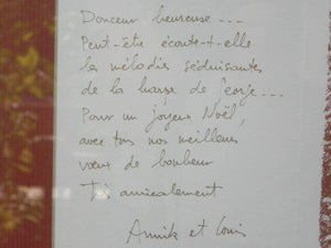 I Like Mike's Mid Century Modern Framed Christmas Note with Drawing Louis Fabien 1985, Deep Red and Gold
