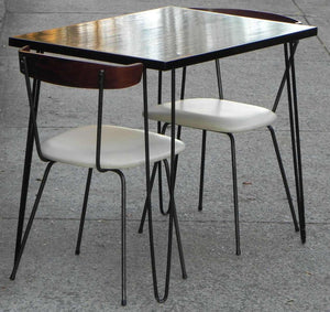 I Like Mike's Mid-Century Modern Furniture Compact Wood, Iron & Leather Dining Set - Nelson Miller Hairpin Leg Table with Two Pascoe Chairs