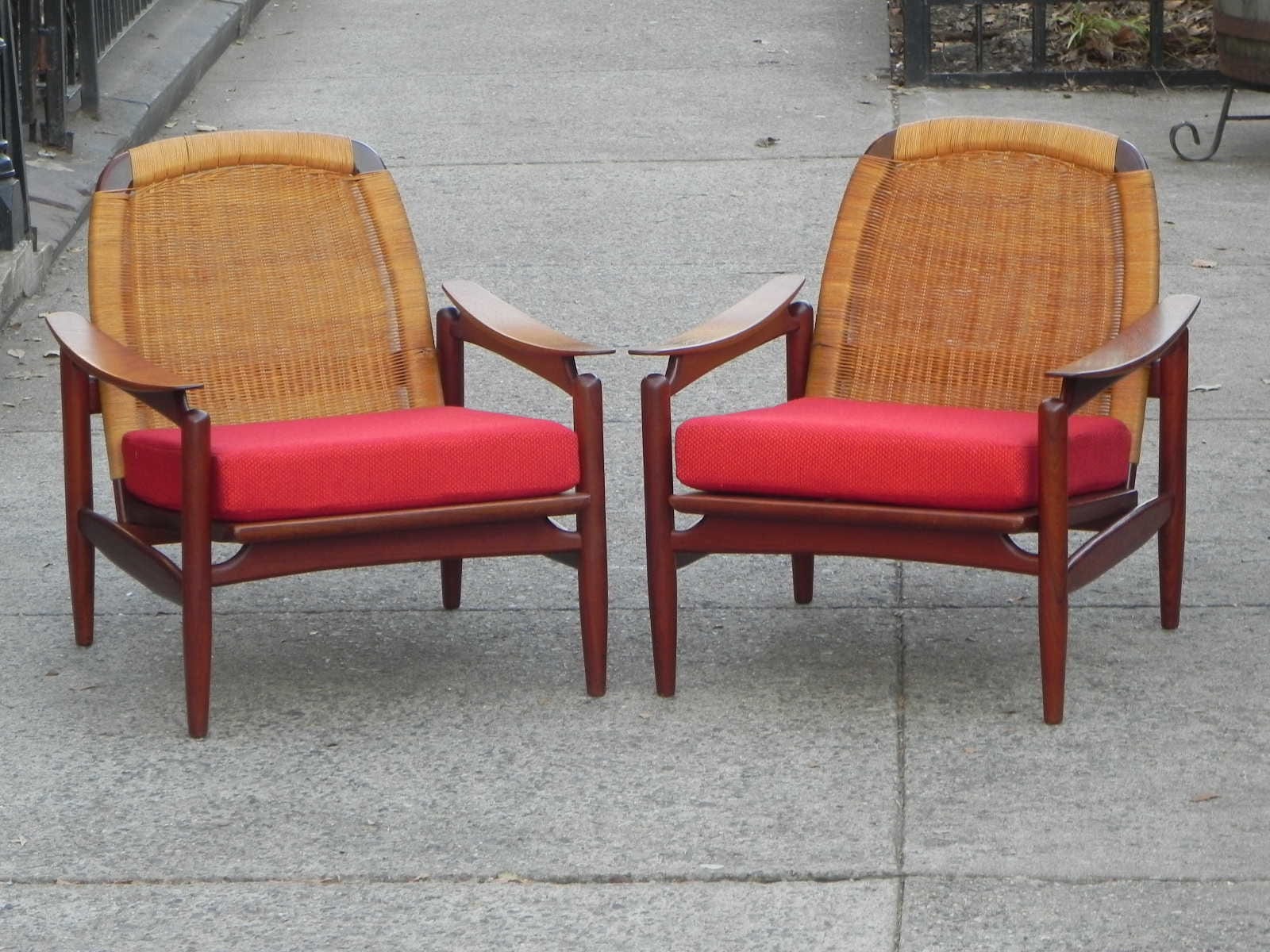 I Like Mike's Mid-Century Modern Furniture Pair Danish Modern Teak Floating Caned Back Chairs