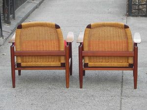 I Like Mike's Mid-Century Modern Furniture Pair Danish Modern Teak Floating Caned Back Chairs