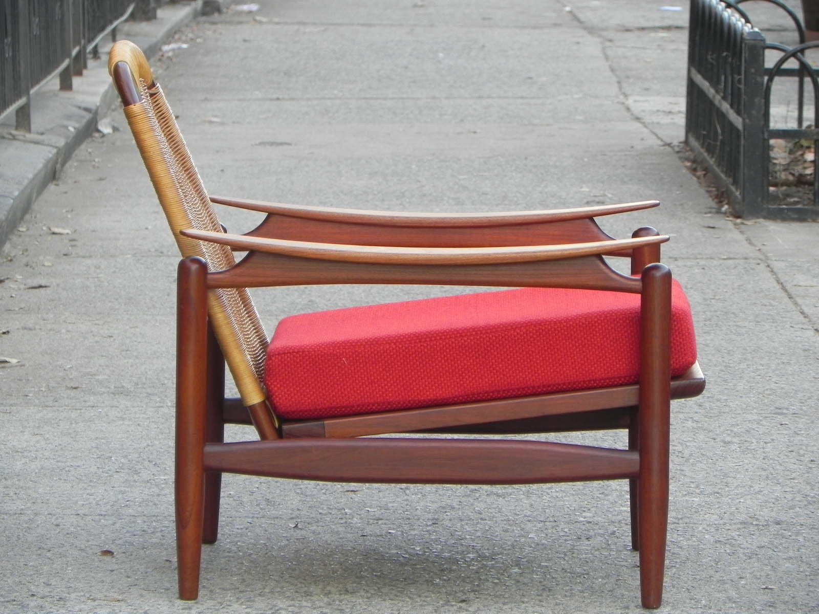 I Like Mike's Mid-Century Modern Furniture Pair Danish Modern Teak Floating Caned Back Chairs