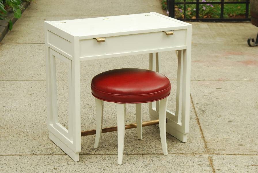 I Like Mike's Mid-Century Modern Furniture SOLD -- DREXEL WORMLY RESTORED AND LACQUERED VANITY AND REUPHOLSTERED STOOL