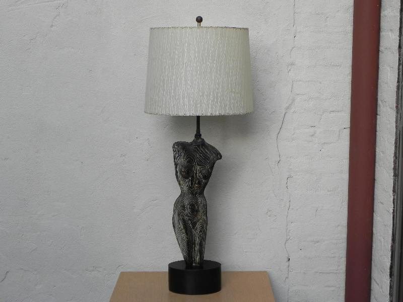 I Like Mike's Mid-Century Modern lighting Heifetz (attr.) Nude Sculpture Carved Wood Swirl Grain Black Table Lamp