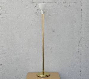 I Like Mike's Mid Century Modern lighting Nessen Brass Compact Floor Lamp, Mini Torchier, with White Pleated Shade