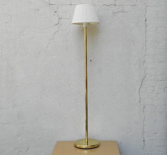 I Like Mike's Mid Century Modern lighting Nessen Brass Compact Floor Lamp, Mini Torchier, with White Pleated Shade
