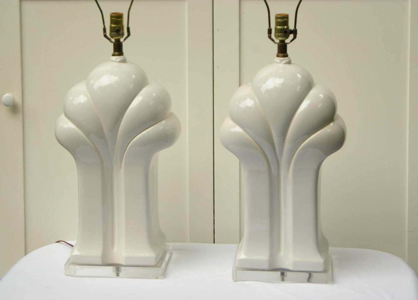 I Like Mike's Mid-Century Modern lighting Pair Big White Hollywood Regency Deco Ceramic Lamps with Lucite Bases
