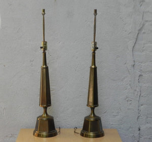 I Like Mike's Mid Century Modern lighting Pair Cast Brass Elegant Modern Obelisk Table Lamps, Late 1970s