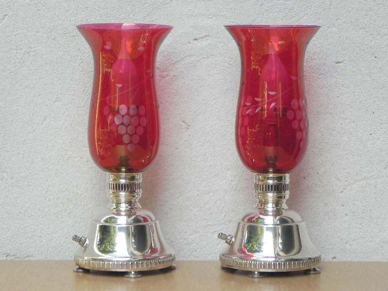 I Like Mike's Mid-Century Modern lighting Pair Cranberry Etched Glass Silver Plated Dresser Lamps