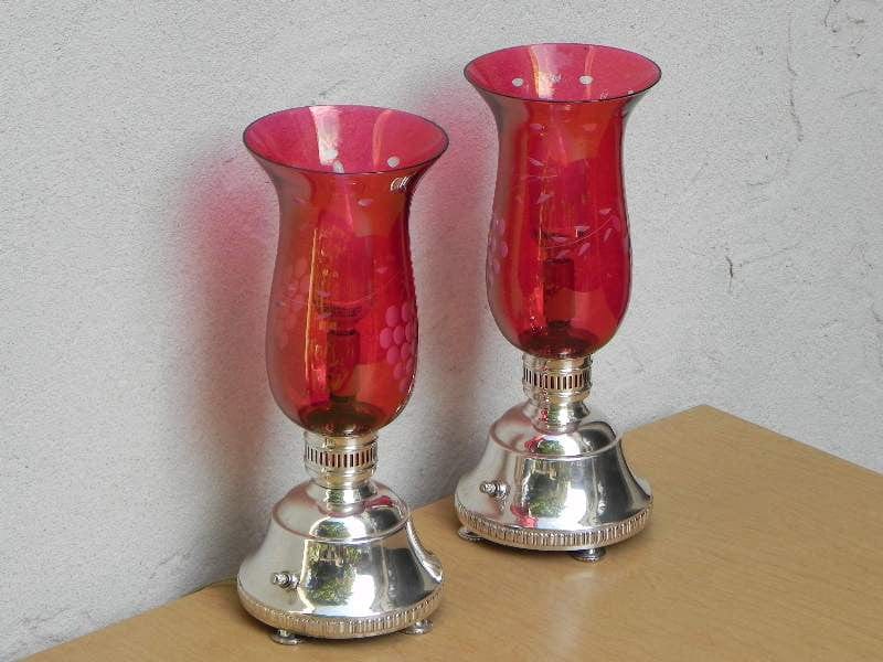 I Like Mike's Mid-Century Modern lighting Pair Cranberry Etched Glass Silver Plated Dresser Lamps