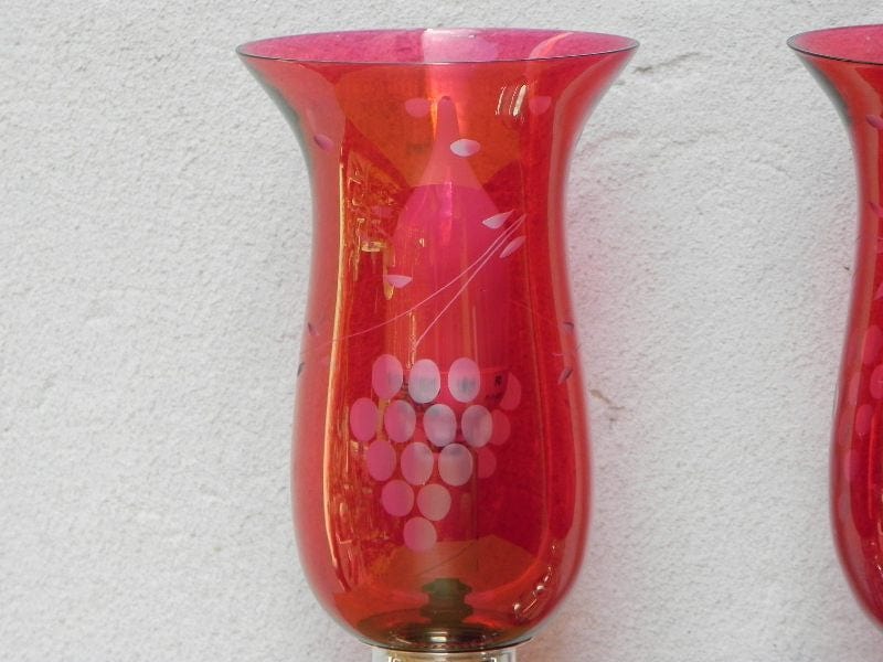 I Like Mike's Mid-Century Modern lighting Pair Cranberry Etched Glass Silver Plated Dresser Lamps