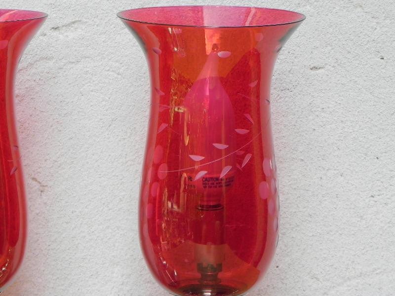 I Like Mike's Mid-Century Modern lighting Pair Cranberry Etched Glass Silver Plated Dresser Lamps