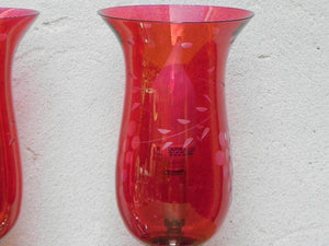 I Like Mike's Mid-Century Modern lighting Pair Cranberry Etched Glass Silver Plated Dresser Lamps
