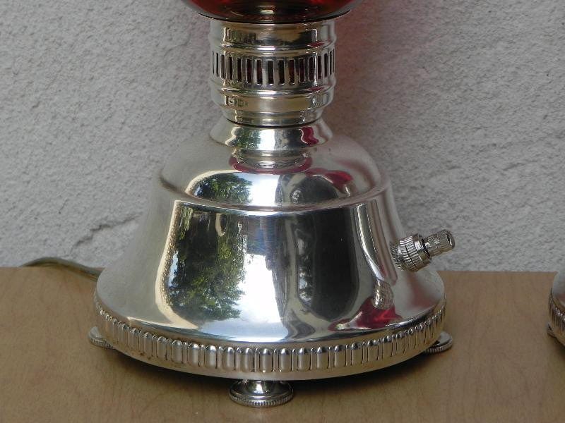 I Like Mike's Mid-Century Modern lighting Pair Cranberry Etched Glass Silver Plated Dresser Lamps