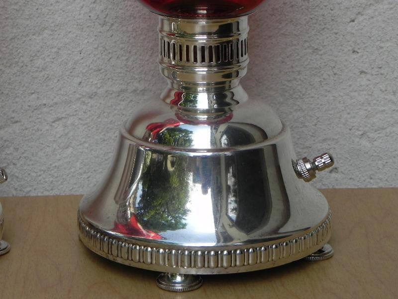 I Like Mike's Mid-Century Modern lighting Pair Cranberry Etched Glass Silver Plated Dresser Lamps