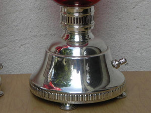 I Like Mike's Mid-Century Modern lighting Pair Cranberry Etched Glass Silver Plated Dresser Lamps