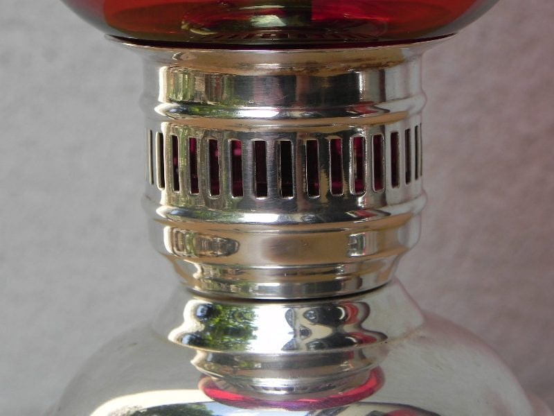 I Like Mike's Mid-Century Modern lighting Pair Cranberry Etched Glass Silver Plated Dresser Lamps