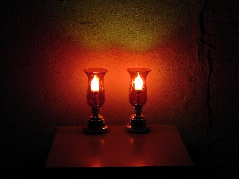 I Like Mike's Mid-Century Modern lighting Pair Cranberry Etched Glass Silver Plated Dresser Lamps