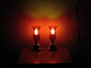 I Like Mike's Mid-Century Modern lighting Pair Cranberry Etched Glass Silver Plated Dresser Lamps