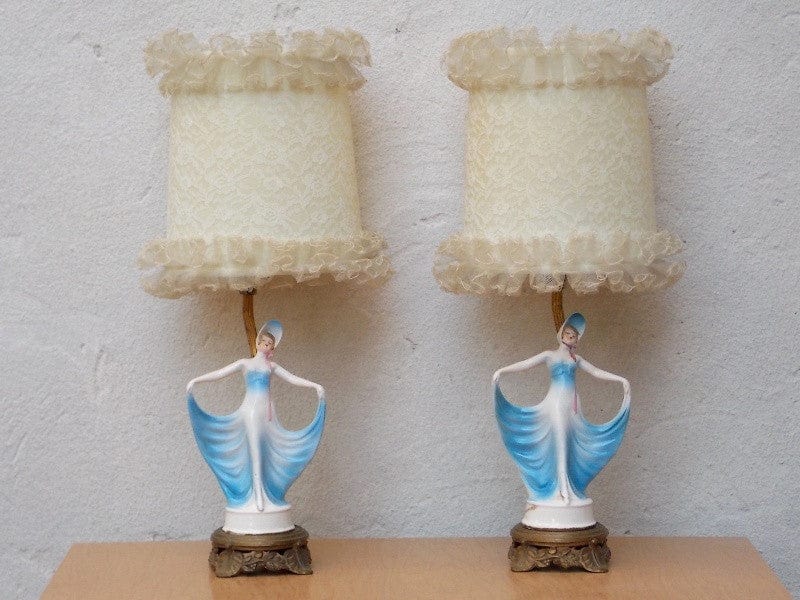 I Like Mike's Mid-Century Modern lighting Pair French Provincial Young Girl With Blue Dress Dresser Lamps