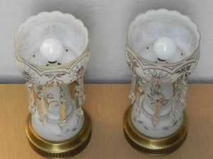 I Like Mike's Mid Century Modern lighting Pair Gold & White Glass Table Lamps with Dangle Crystals