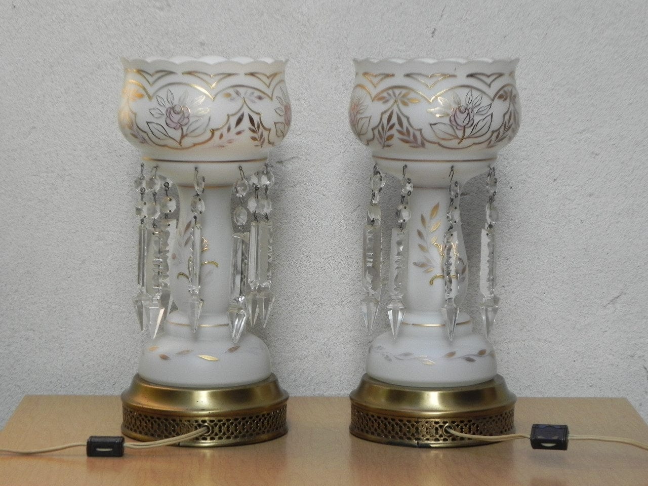 I Like Mike's Mid Century Modern lighting Pair Gold & White Glass Table Lamps with Dangle Crystals