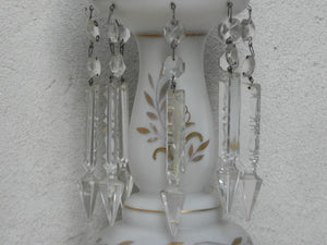 I Like Mike's Mid Century Modern lighting Pair Gold & White Glass Table Lamps with Dangle Crystals