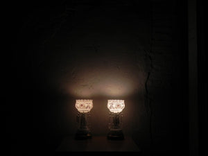 I Like Mike's Mid Century Modern lighting Pair Gold & White Glass Table Lamps with Dangle Crystals
