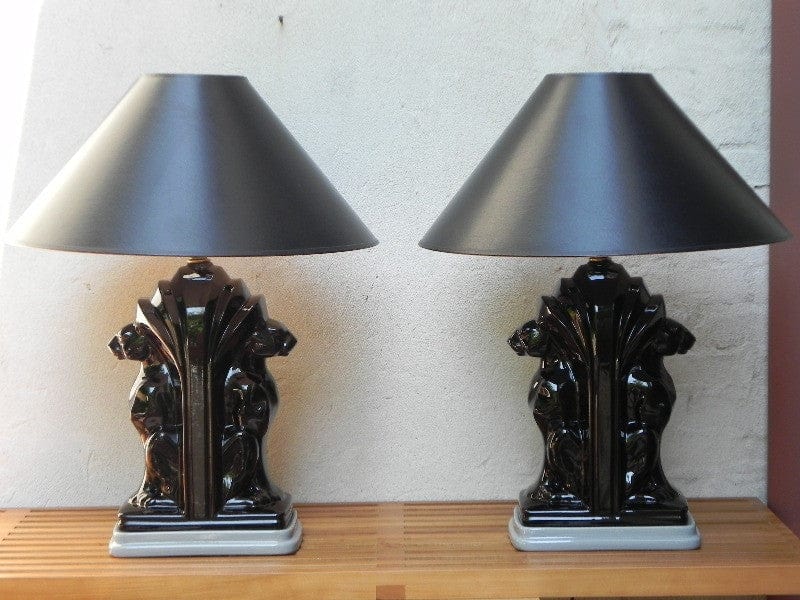 I Like Mike's Mid Century Modern lighting Pair Large Deco Black Ceramic Panther Table Lamps with Black Shades