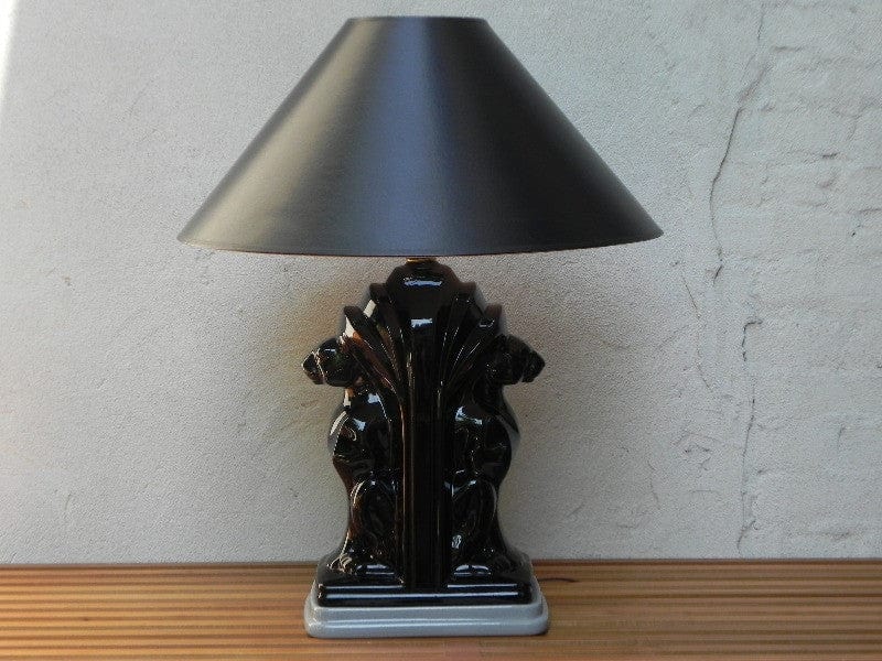 I Like Mike's Mid Century Modern lighting Pair Large Deco Black Ceramic Panther Table Lamps with Black Shades