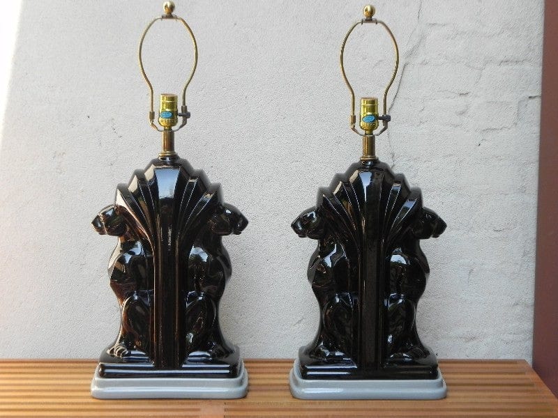 I Like Mike's Mid Century Modern lighting Pair Large Deco Black Ceramic Panther Table Lamps with Black Shades