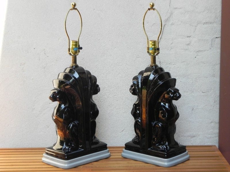 I Like Mike's Mid Century Modern lighting Pair Large Deco Black Ceramic Panther Table Lamps with Black Shades