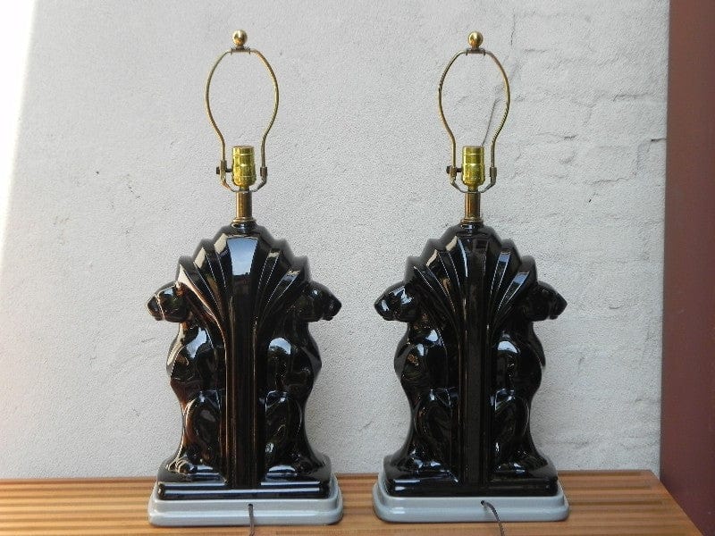 I Like Mike's Mid Century Modern lighting Pair Large Deco Black Ceramic Panther Table Lamps with Black Shades