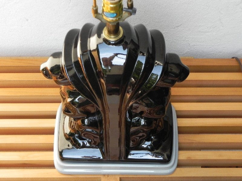 I Like Mike's Mid Century Modern lighting Pair Large Deco Black Ceramic Panther Table Lamps with Black Shades