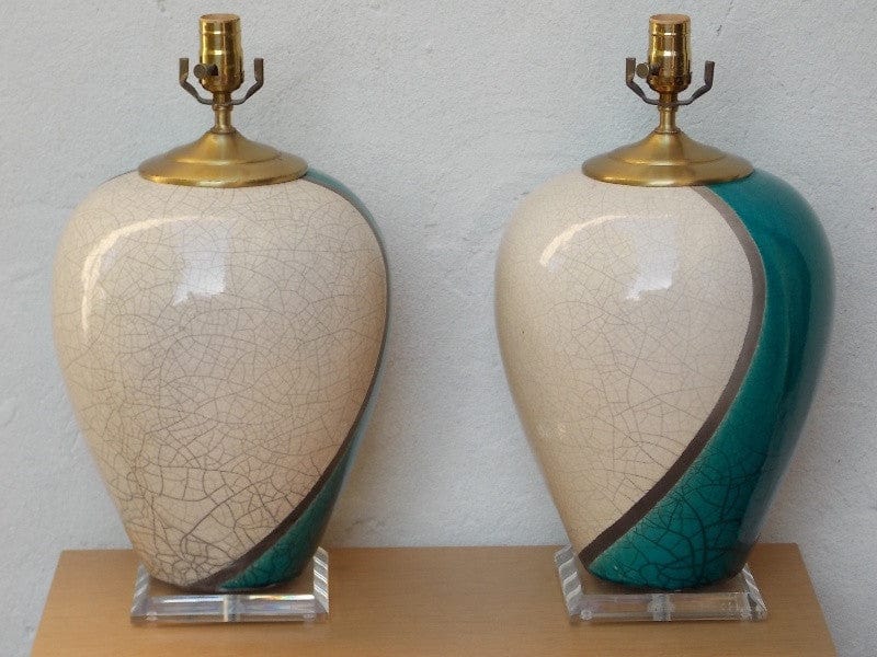 I Like Mike's Mid-Century Modern lighting Pair Large Marc Ward Raku Crackle Pottery Lamps with Lucite Bases, Blue & White