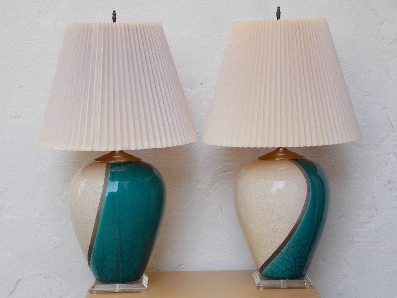 I Like Mike's Mid-Century Modern lighting Pair Large Marc Ward Raku Crackle Pottery Lamps with Lucite Bases, Blue & White