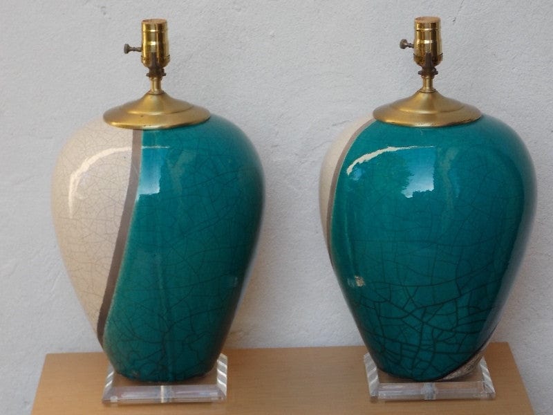 I Like Mike's Mid-Century Modern lighting Pair Large Marc Ward Raku Crackle Pottery Lamps with Lucite Bases, Blue & White