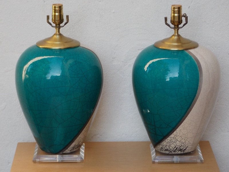 I Like Mike's Mid-Century Modern lighting Pair Large Marc Ward Raku Crackle Pottery Lamps with Lucite Bases, Blue & White