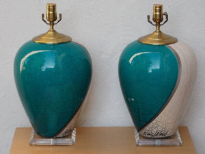 I Like Mike's Mid-Century Modern lighting Pair Large Marc Ward Raku Crackle Pottery Lamps with Lucite Bases, Blue & White
