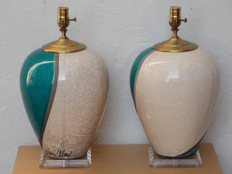 I Like Mike's Mid-Century Modern lighting Pair Large Marc Ward Raku Crackle Pottery Lamps with Lucite Bases, Blue & White