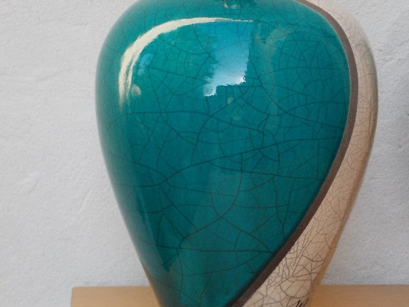 I Like Mike's Mid-Century Modern lighting Pair Large Marc Ward Raku Crackle Pottery Lamps with Lucite Bases, Blue & White
