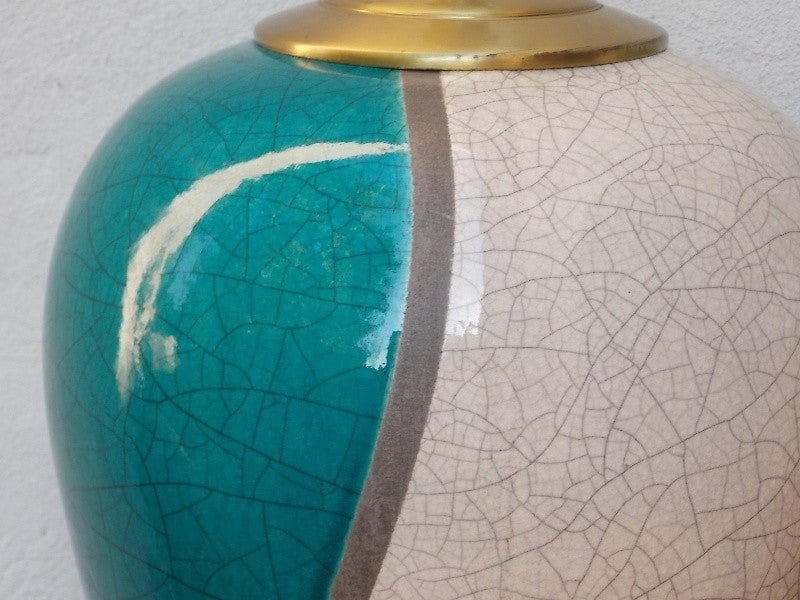 I Like Mike's Mid-Century Modern lighting Pair Large Marc Ward Raku Crackle Pottery Lamps with Lucite Bases, Blue & White